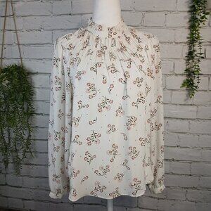 WOMENS LOFT COTTAGECORE BLOUSE CREAM FLORAL RUFFLE NECK LIONG SLEEVE XS